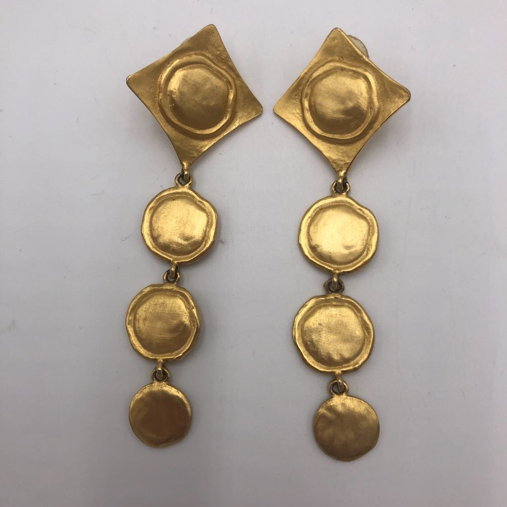 Vintage 1980s Bright Gold Boho Chunky Dangling Abstract Pierced Earrings - Picture 3 of 4